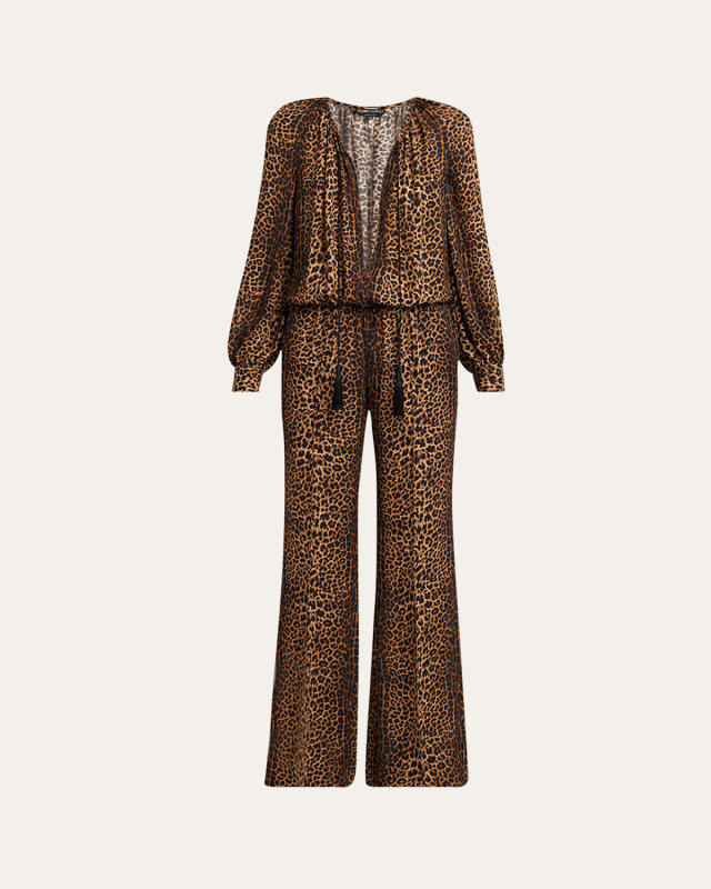Gathered Deep V-Neck Leopard Print Silk Jumpsuit